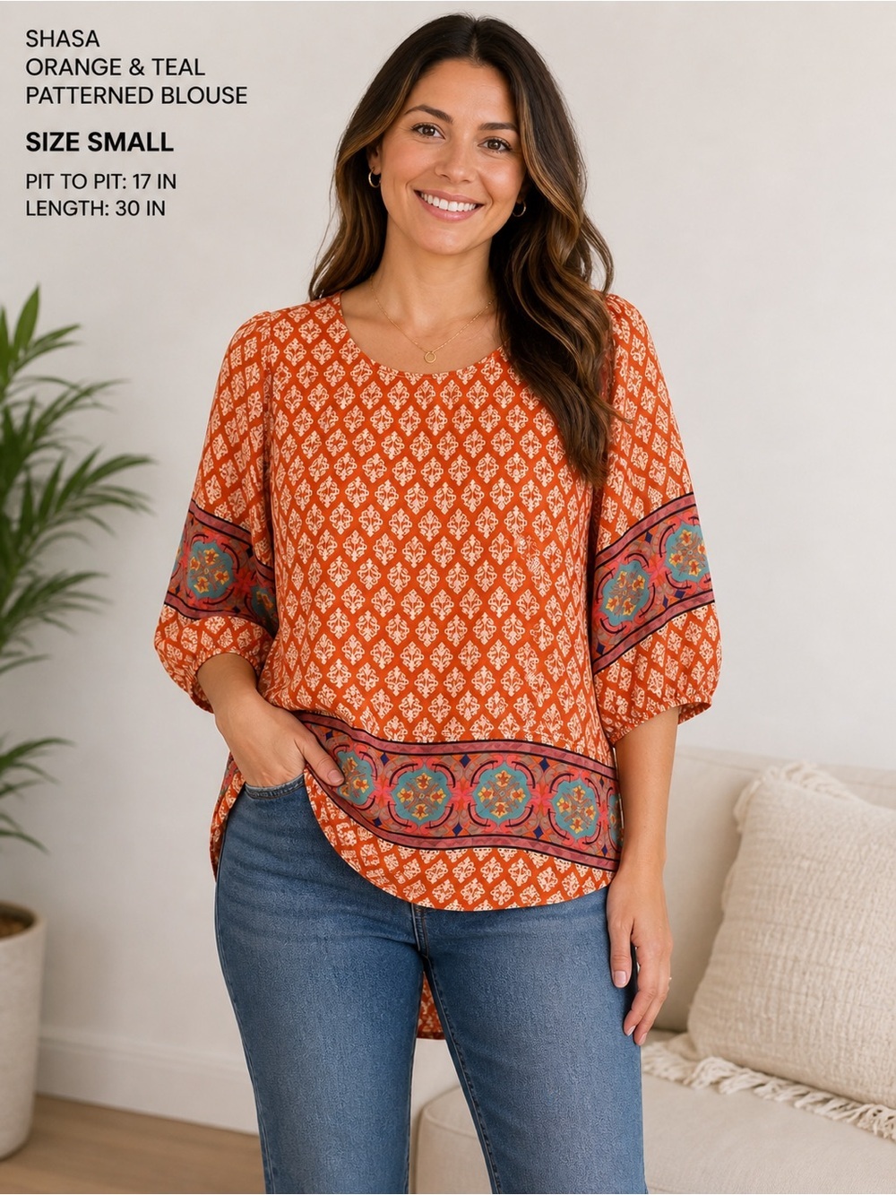 Shasa Orange and Teal Patterned Blouse SMALL pit to pit 17in length 30in